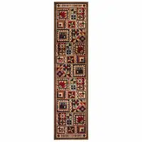 Photo of 2'x8' Brown and Red Ikat Patchwork Runner Rug