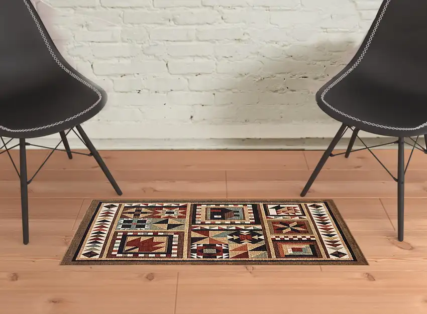 2'x3' Brown and Red Ikat Patchwork Scatter Rug Photo 5