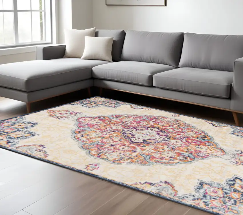 Cream Decorative Medallion Area Rug Photo 1