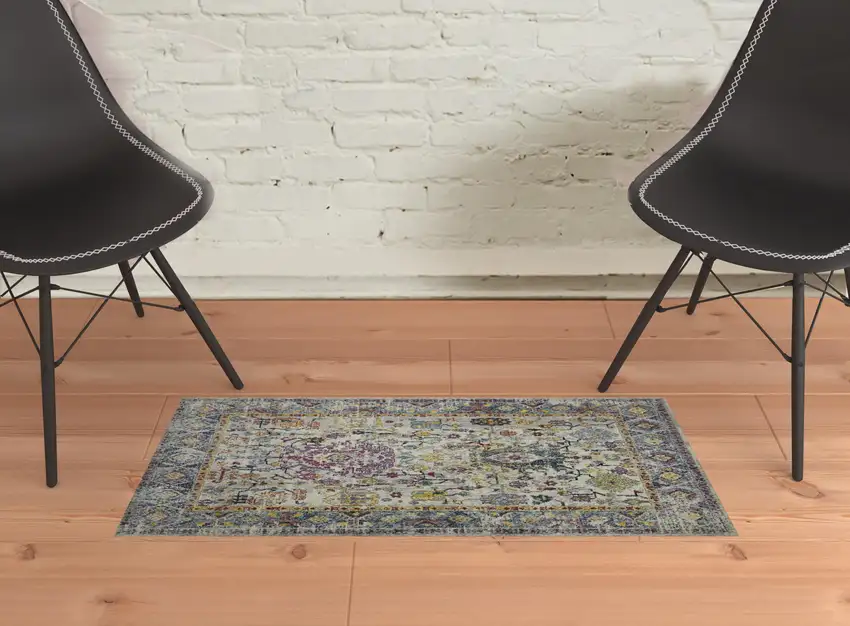 2' x 3' Gray Floral Power Loom Area Rug Photo 2