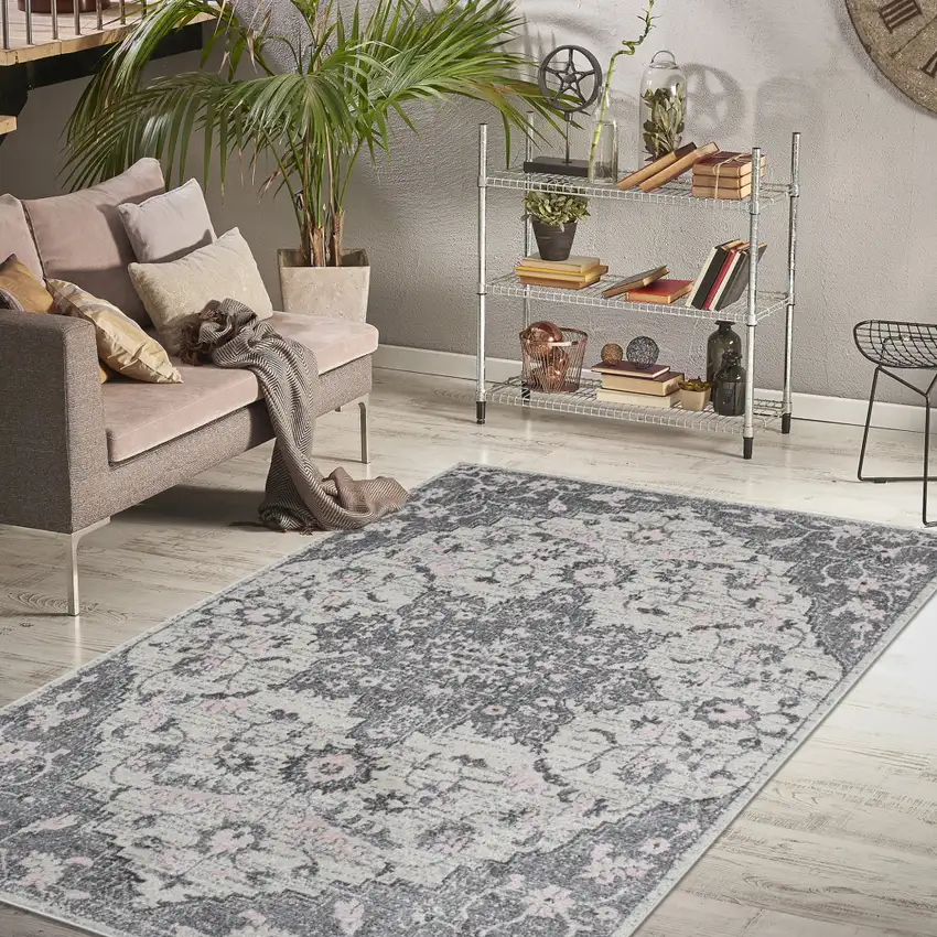 5' x 7' Gray Medallion Power Loom Area Rug Photo 5