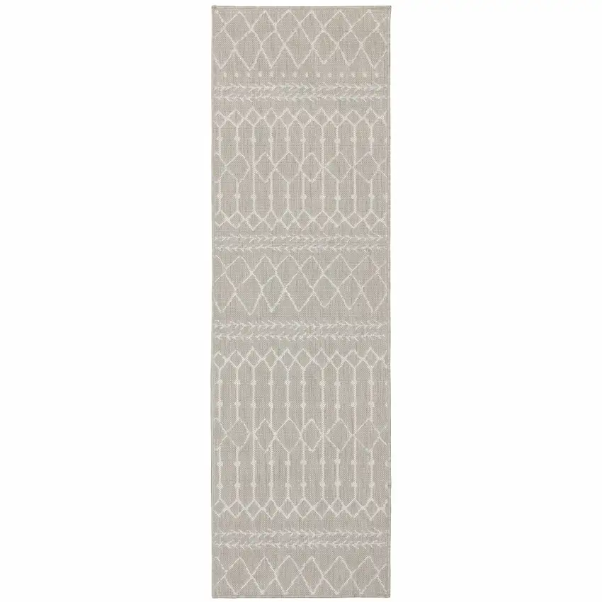 2'x7' Gray and Ivory Geometric Indoor Outdoor Runner Rug Photo 1