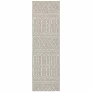Photo of 2'x7' Gray and Ivory Geometric Indoor Outdoor Runner Rug