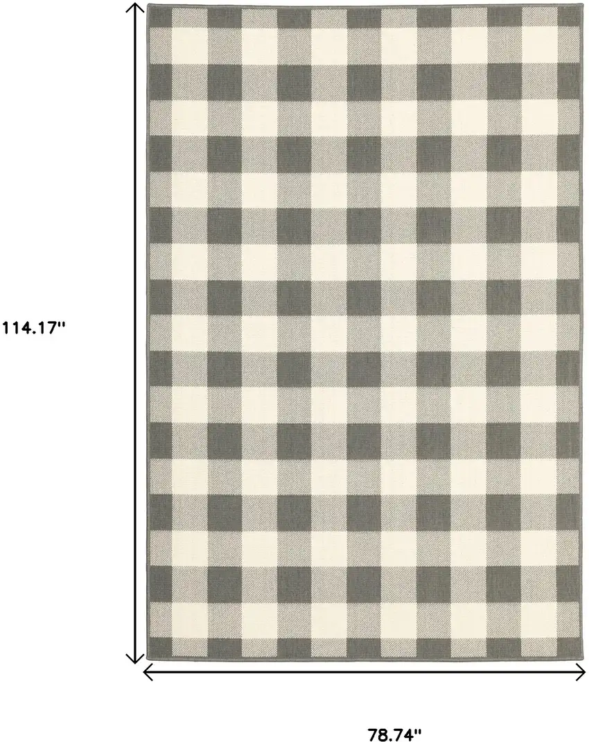 7'x10' Gray and Ivory Gingham Indoor Outdoor Area Rug Photo 7