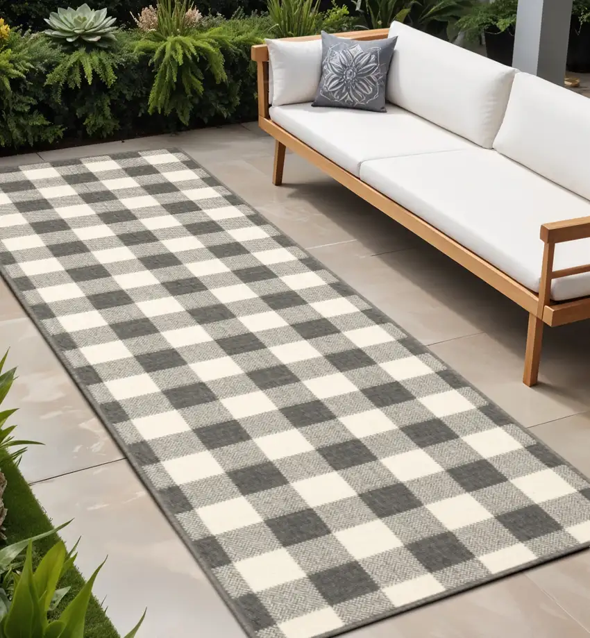 8' Gray And Ivory Indoor Outdoor Runner Rug Photo 2