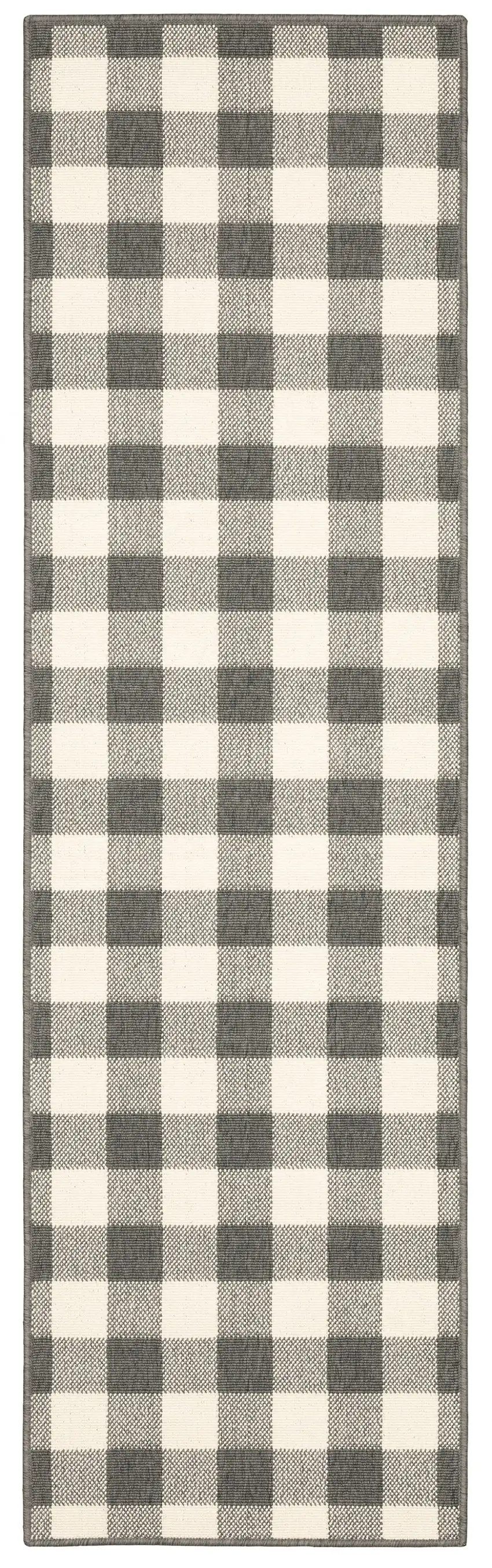 2'x8' Gray and Ivory Gingham Indoor Outdoor Runner Rug Photo 6