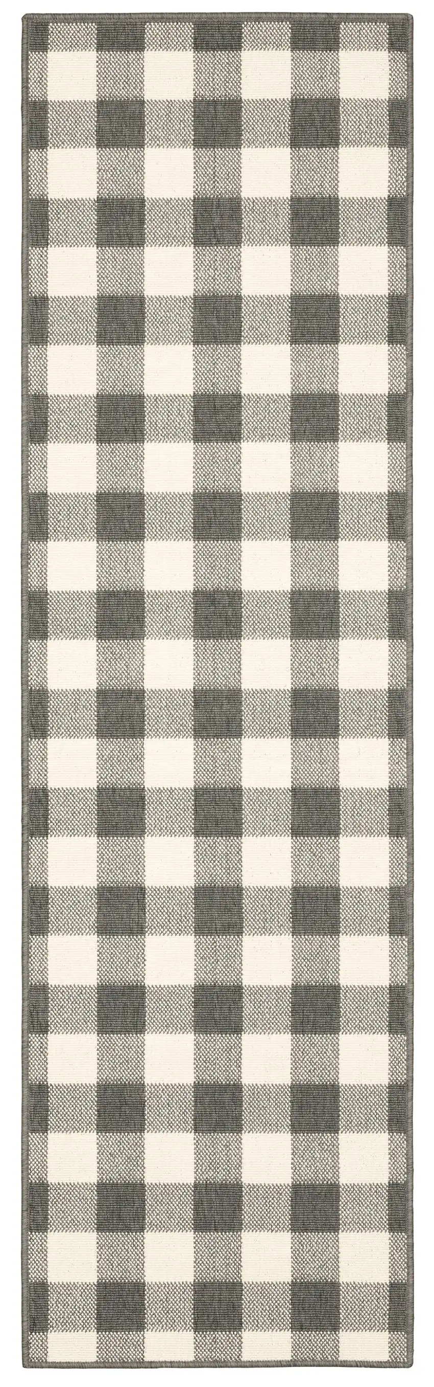 2'x8' Gray and Ivory Gingham Indoor Outdoor Runner Rug Photo 1