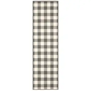 Photo of 2'x8' Gray and Ivory Gingham Indoor Outdoor Runner Rug