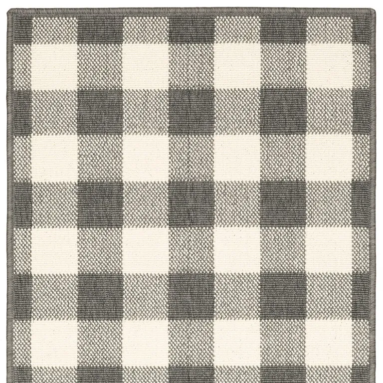 2'x8' Gray and Ivory Gingham Indoor Outdoor Runner Rug Photo 4