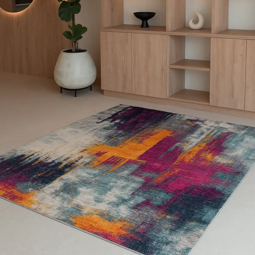 Gray and Magenta Abstract Area Rug Photo 7