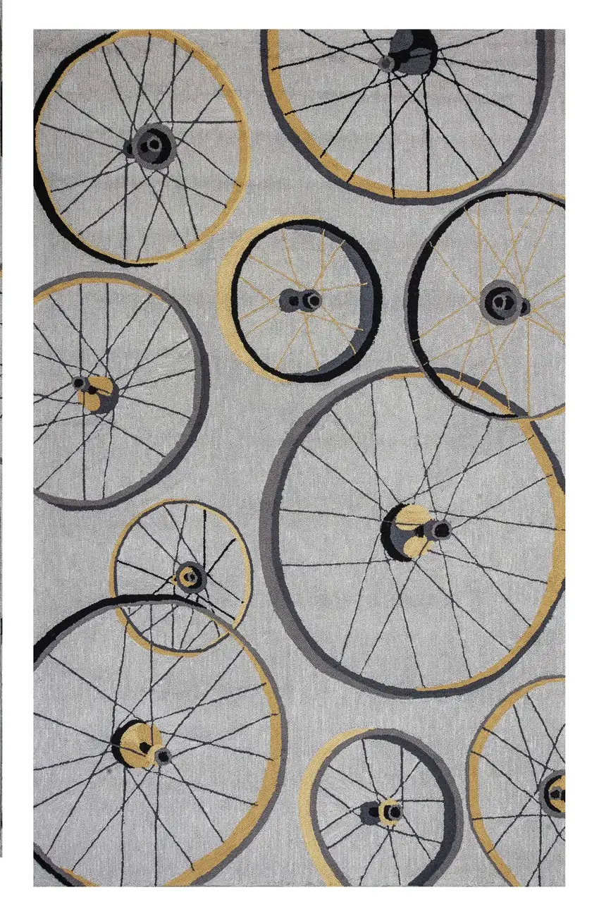 Grey Hand Hooked Wheels Indoor Area Rug Photo 3
