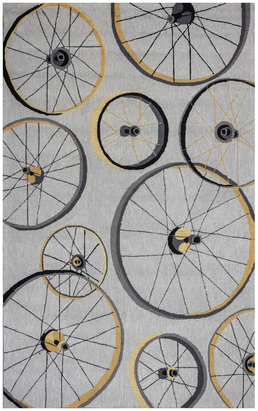 Grey Hand Hooked Wheels Indoor Area Rug Photo 1