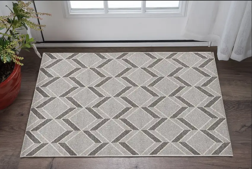 3'X5' Grey Machine Woven Uv Treated Herringbone Illusion Indoor Outdoor Area Rug Photo 1