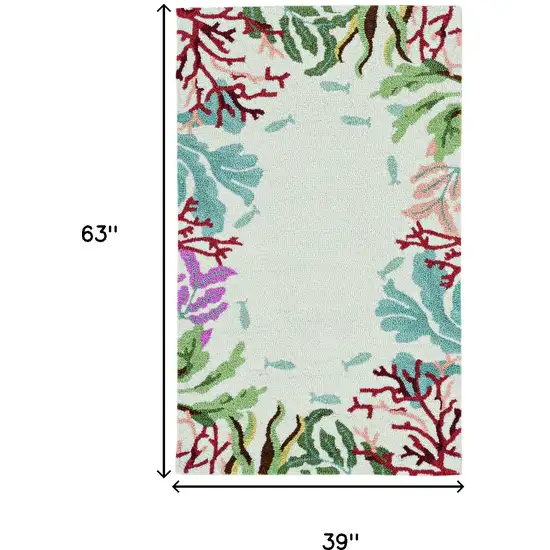 3'X5' Ivory Hand Hooked Bordered Coral Reef Indoor Area Rug Photo 4