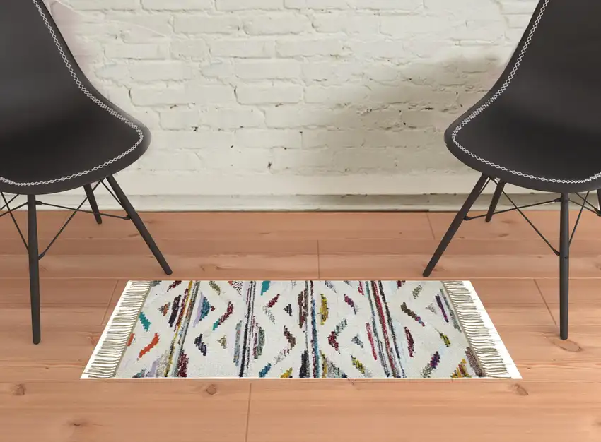 2' x 3' Ivory Orange And Blue Southwestern Area Rug With Fringe Photo 2