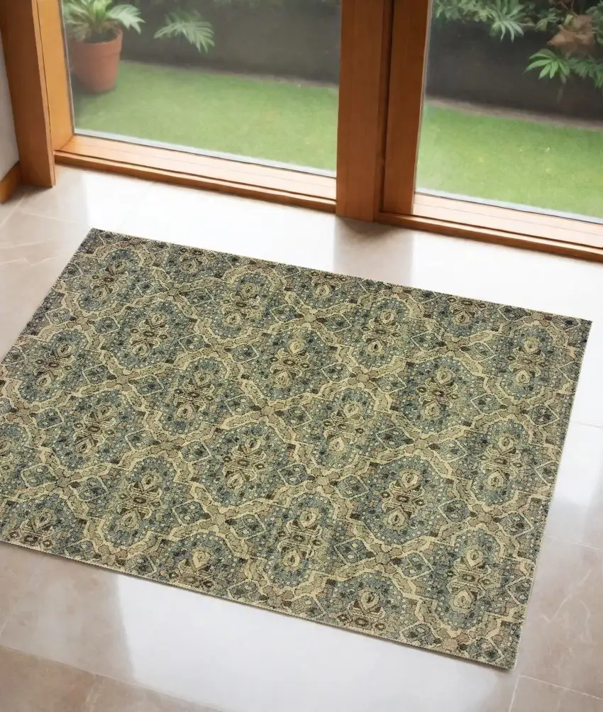 Ivory and Blue Power Loom Area Rug Photo 1