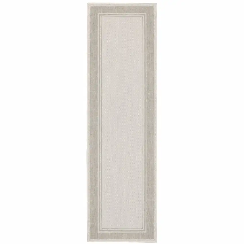 2'x7' Ivory and Gray Bordered Indoor Outdoor Runner Rug Photo 1