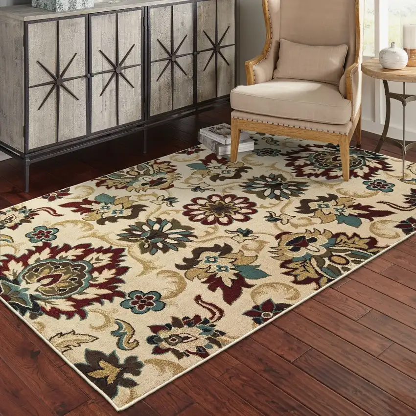 7'x9' Ivory and Red Floral Vines Area Rug Photo 6