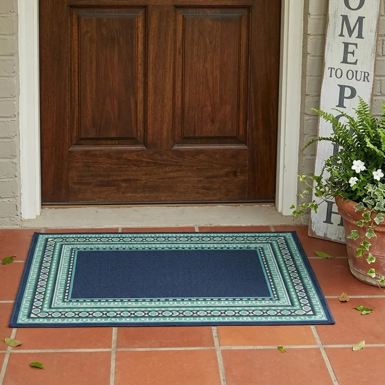 2'x3' Navy and Green Geometric Indoor Outdoor Scatter Rug Photo 5