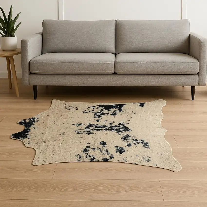 Black Gold And Off White Faux Cowhide Animal Print Washable Area Rug Photo 1