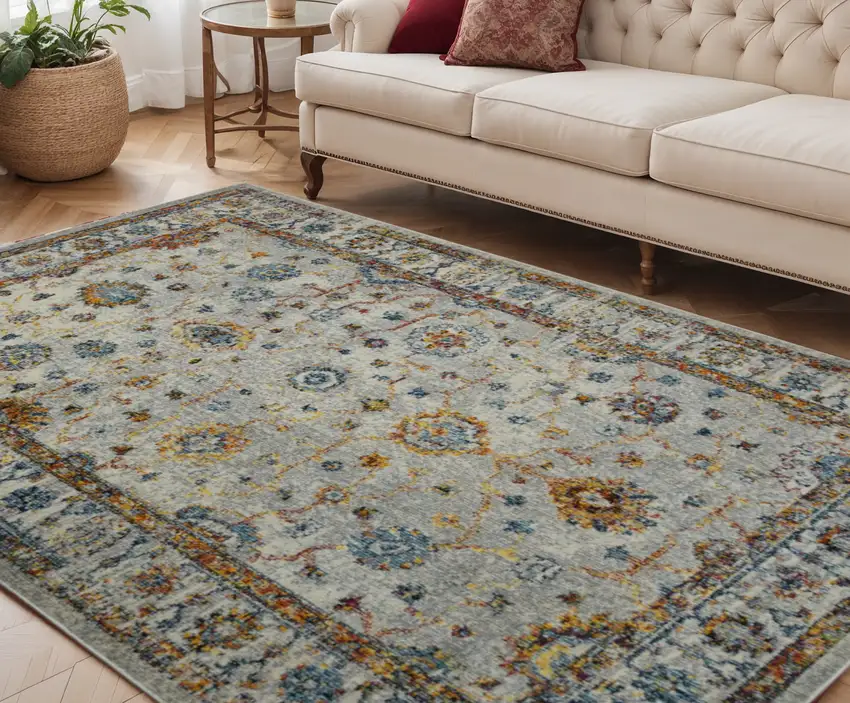 Orange and Ivory Floral Power Loom Area Rug Photo 1