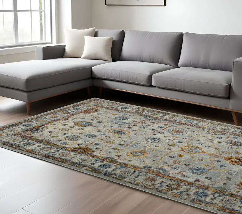 Orange and Ivory Floral Power Loom Area Rug Photo 1