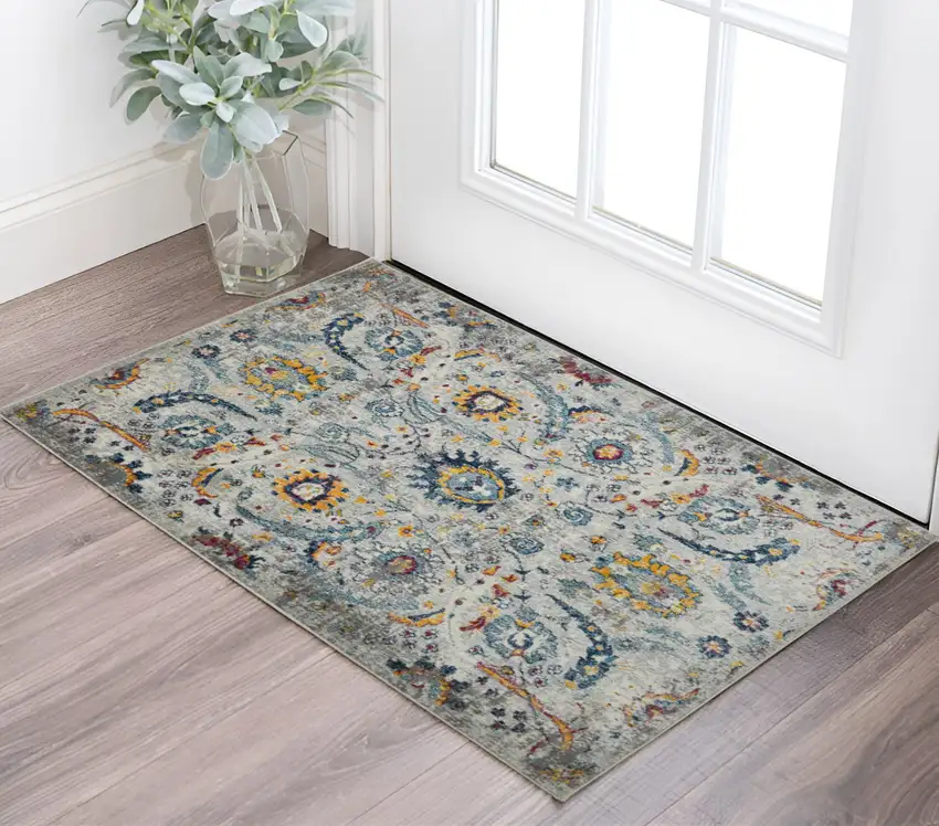 Orange and Ivory Floral Power Loom Area Rug Photo 1