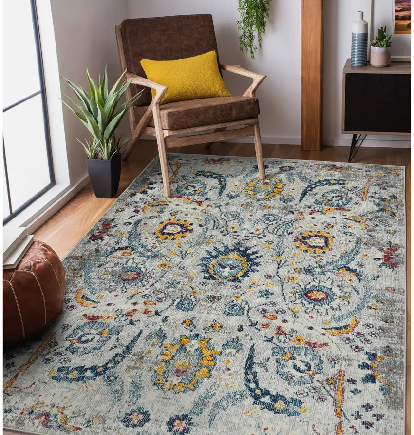 5' x 7' Orange and Ivory Floral Power Loom Area Rug Photo 7