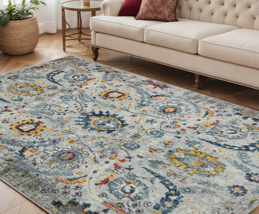 Orange and Ivory Floral Power Loom Area Rug Photo 1