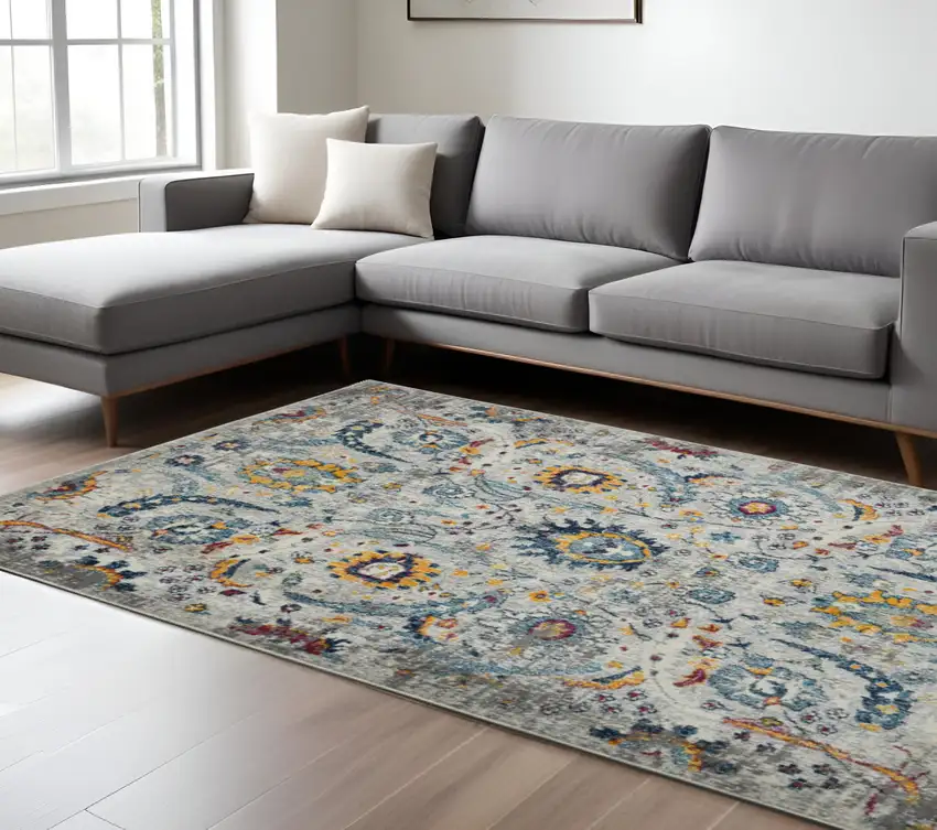 Orange and Ivory Floral Power Loom Area Rug Photo 1