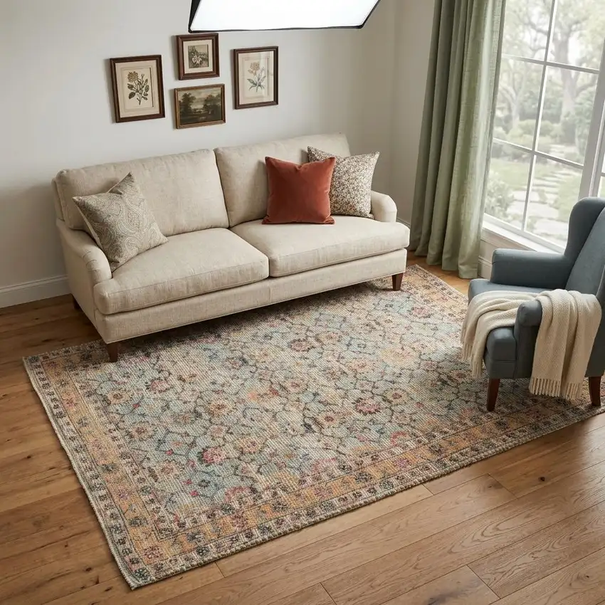 Blue And Beige Jute Floral Hand Woven Area Rug Photo 1