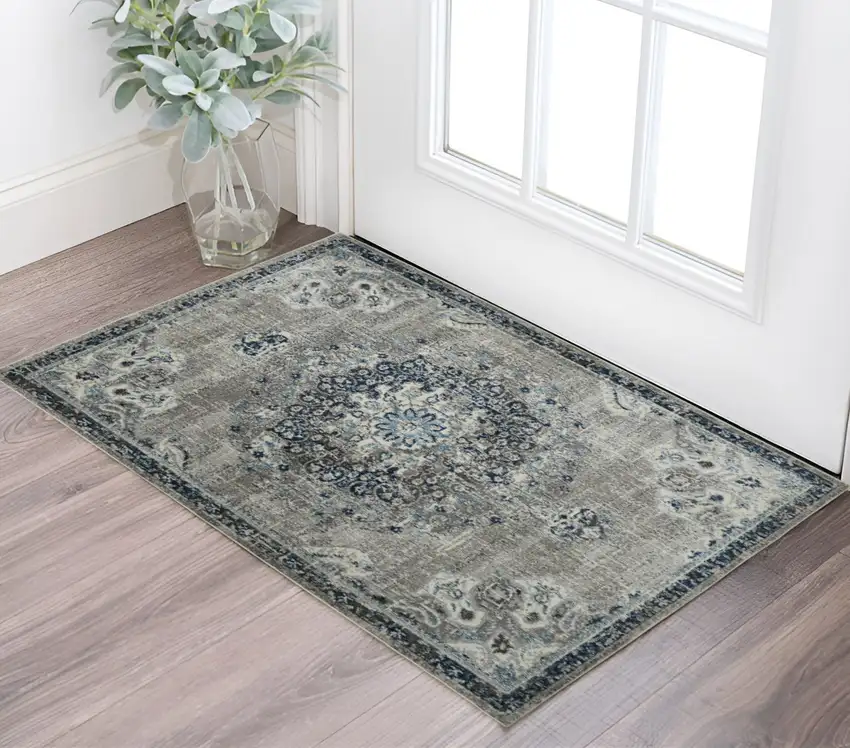Teal Blue Medallion Power Loom Area Rug Photo 1