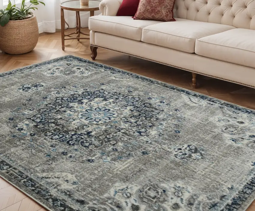 Teal Blue Medallion Power Loom Area Rug Photo 1