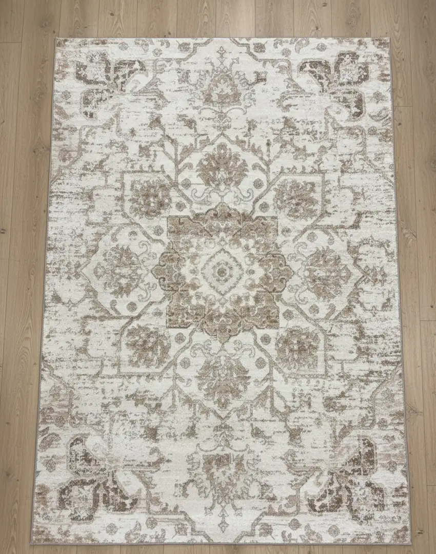 Cream Gray And Light Brown Medallion Area Rug Photo 5