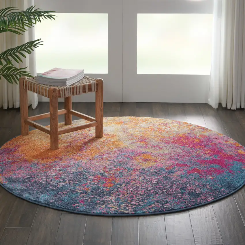 4' Blue And Orange Abstract Round Rug Photo 4