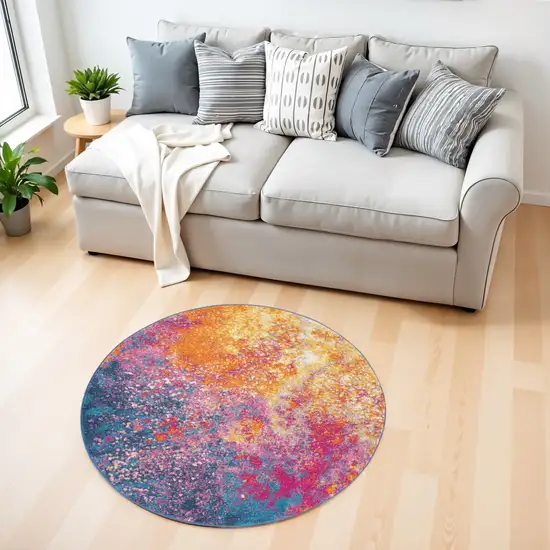 4' Blue And Orange Abstract Round Rug Photo 2