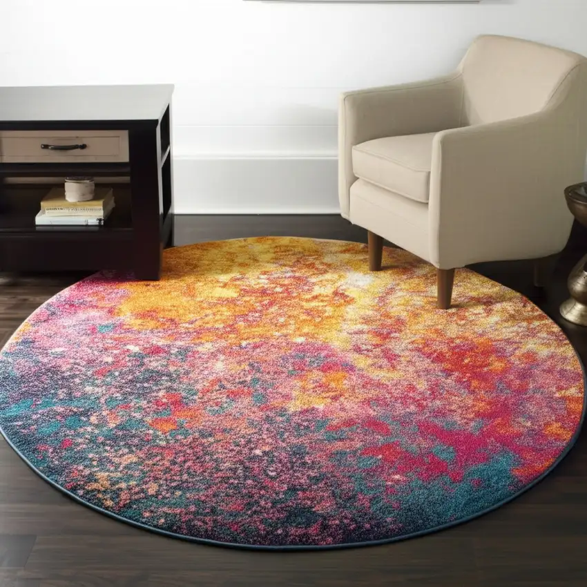 4' Blue And Orange Abstract Round Rug Photo 2