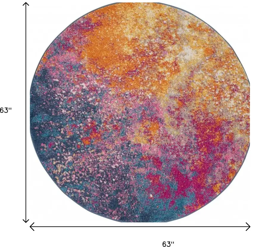 5' Blue And Orange Abstract Round Rug Photo 9