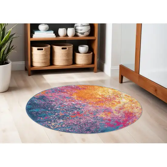 5' Blue And Orange Abstract Round Rug Photo 2