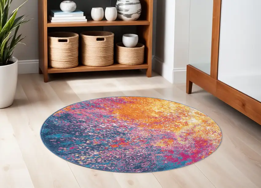 5' Blue And Orange Abstract Round Rug Photo 2