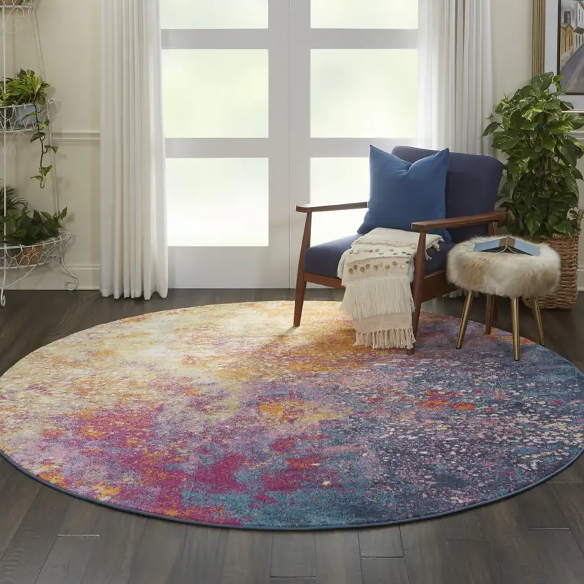 8' Blue And Orange Abstract Round Rug Photo 4