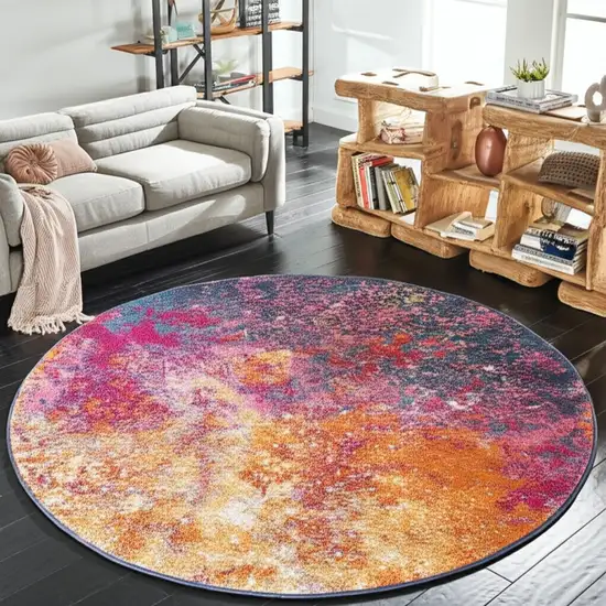 8' Blue And Orange Abstract Round Rug Photo 1