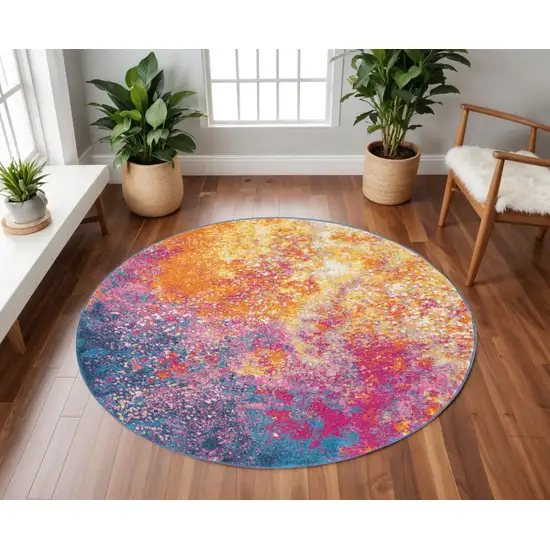 8' Blue And Orange Abstract Round Rug Photo 2