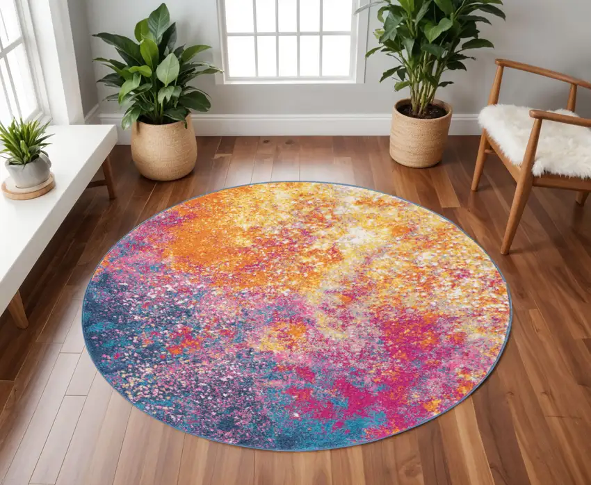 8' Blue And Orange Abstract Round Rug Photo 2