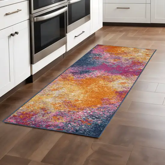 8' Blue And Orange Abstract Runner Rug Photo 2