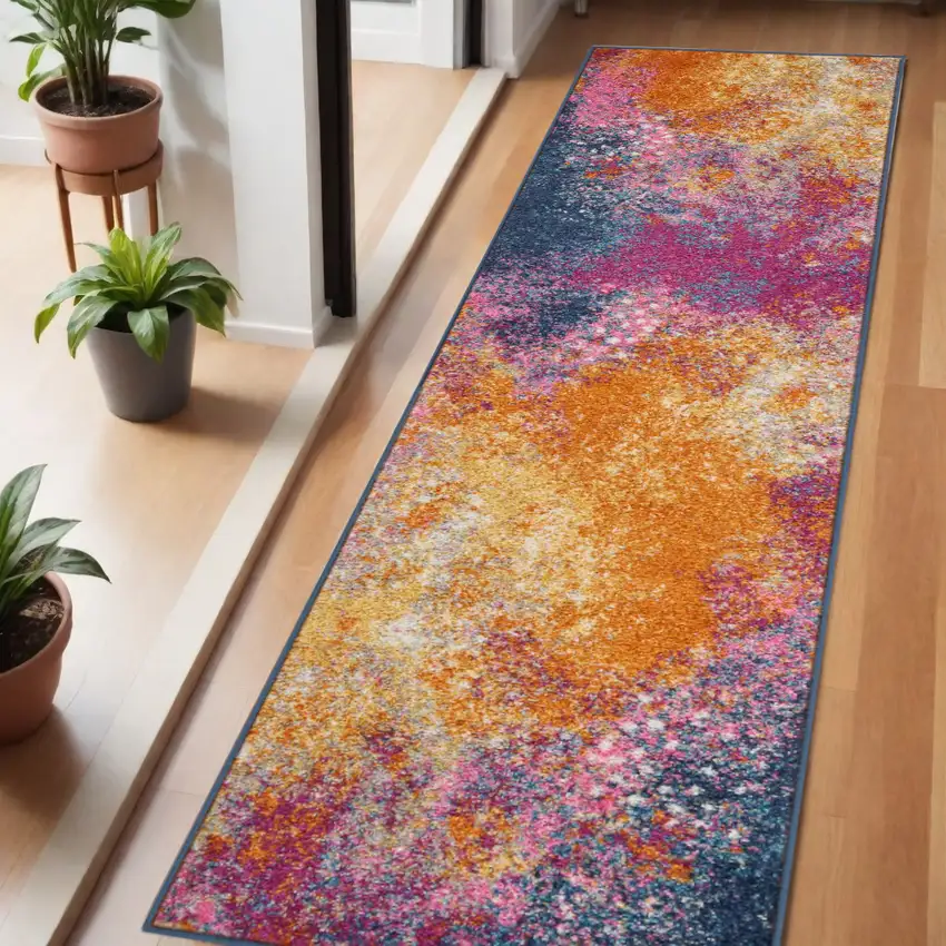 6' Blue And Orange Abstract Runner Rug Photo 2