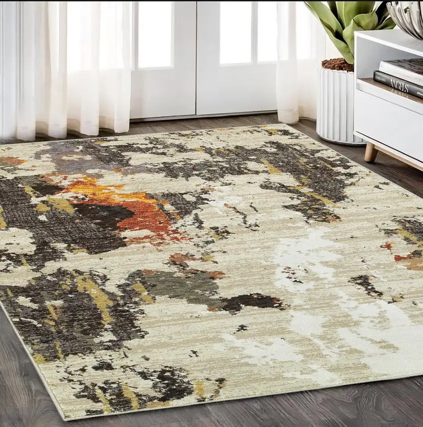 Beige and Black Power Loom Area Rug Photo 1