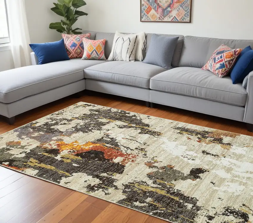 Beige and Black Power Loom Area Rug Photo 1
