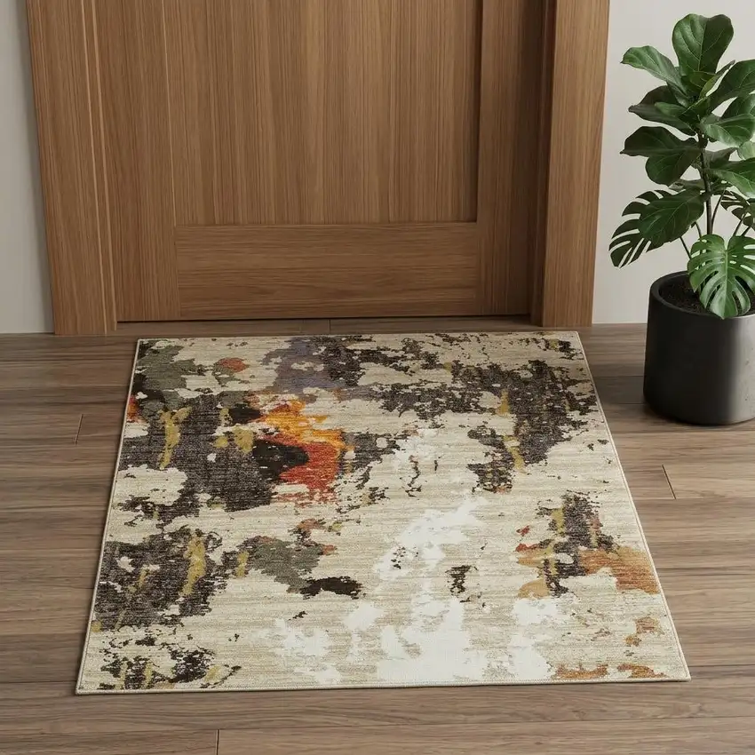 Beige and Black Power Loom Area Rug Photo 1
