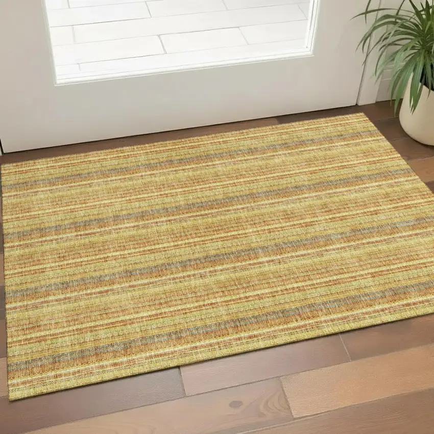 Amber And Artichoke Green Striped Washable Area Rug With UV Protection Photo 1